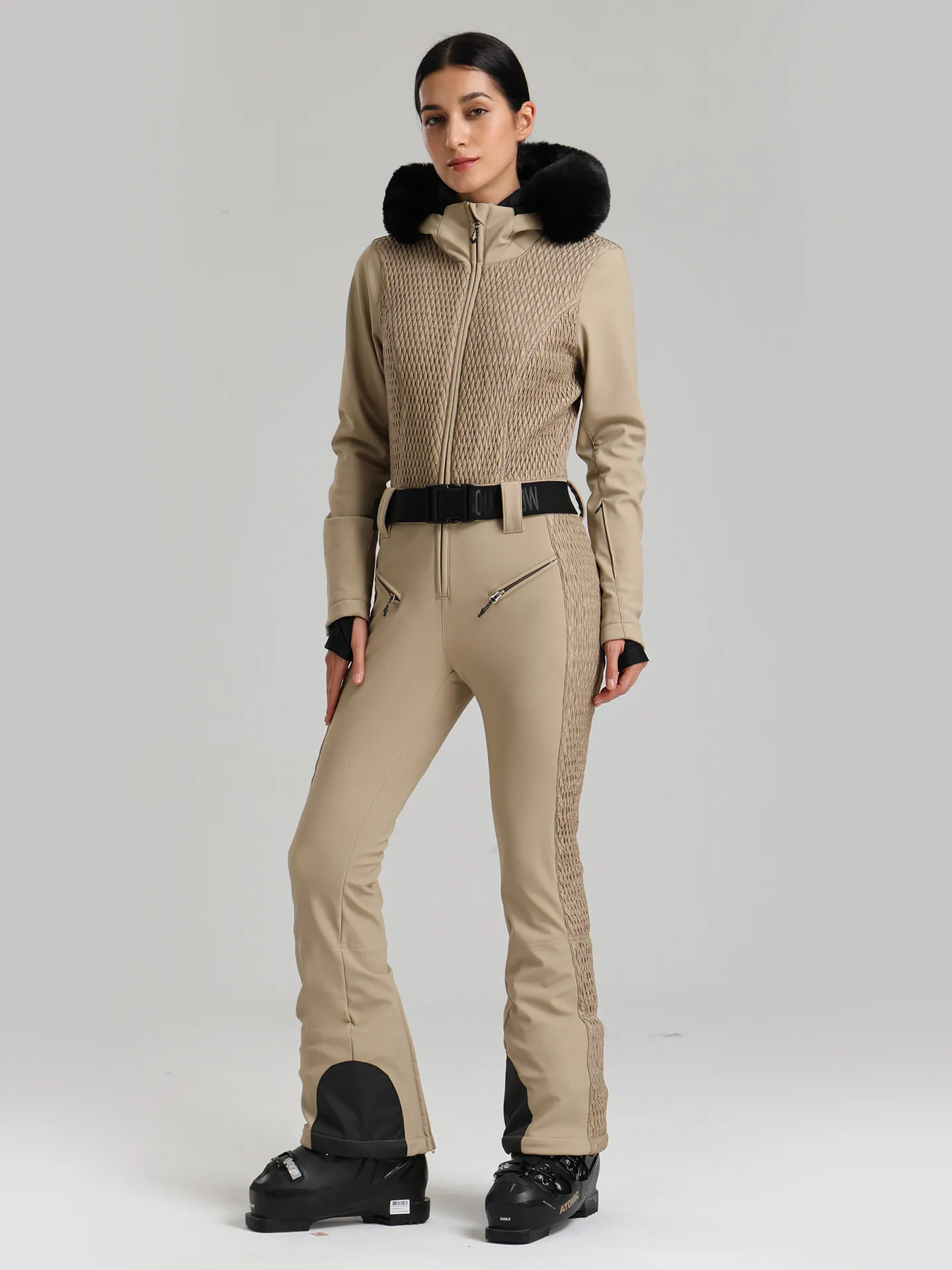 Damen Einteiler Skianzug Wasserdicht Isolierter Jumpsuit Mit Kunstpelzkapuze Und Gürtel Für Wintersport Jumpsuits