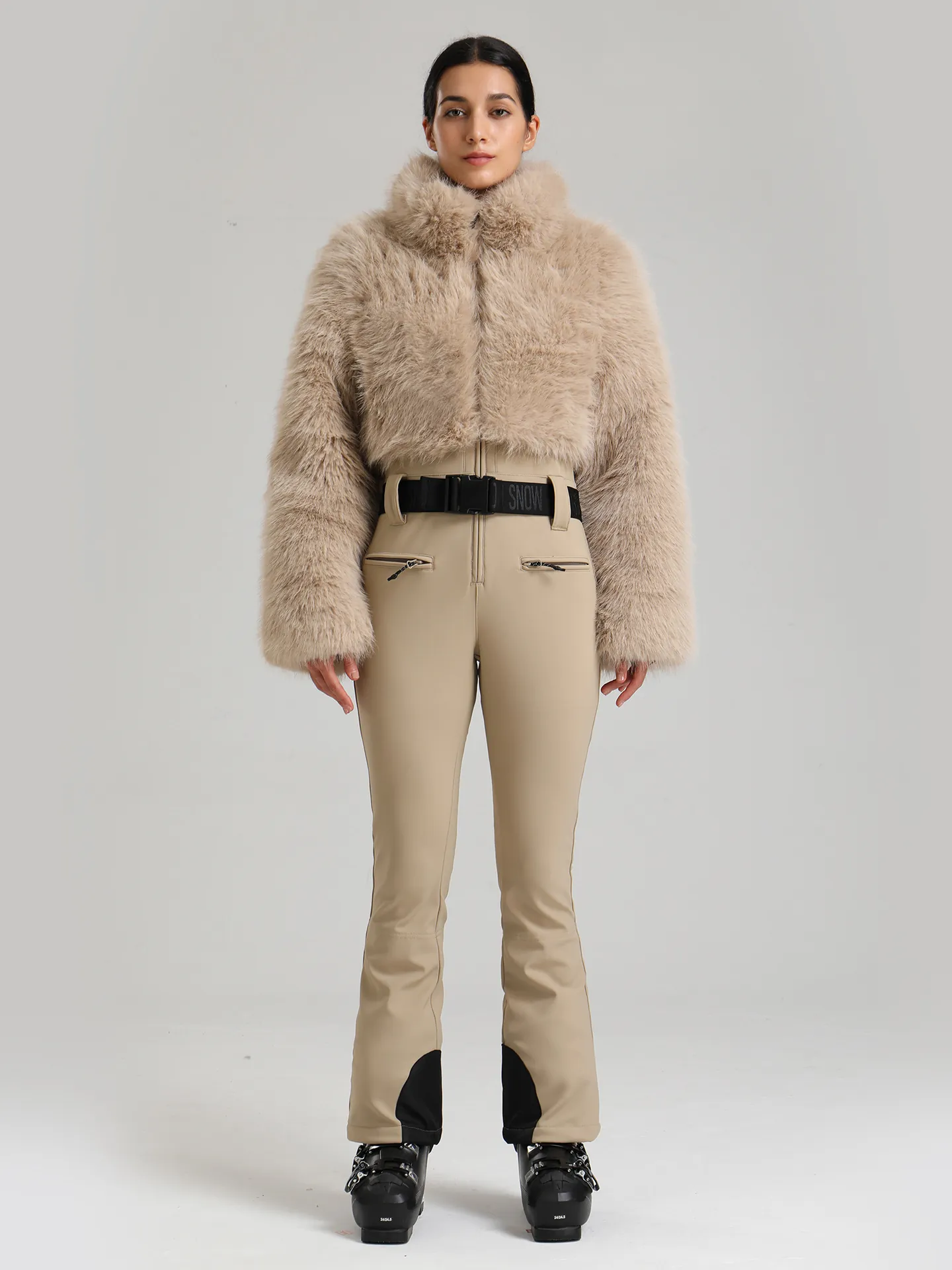 Combinaison de Ski pour Femme en Fausse Fourrure Imperméable Coupe-vent Épaissie Chaude Veste de Ski et Pantalon Top And Bottom Sports d'Hiver