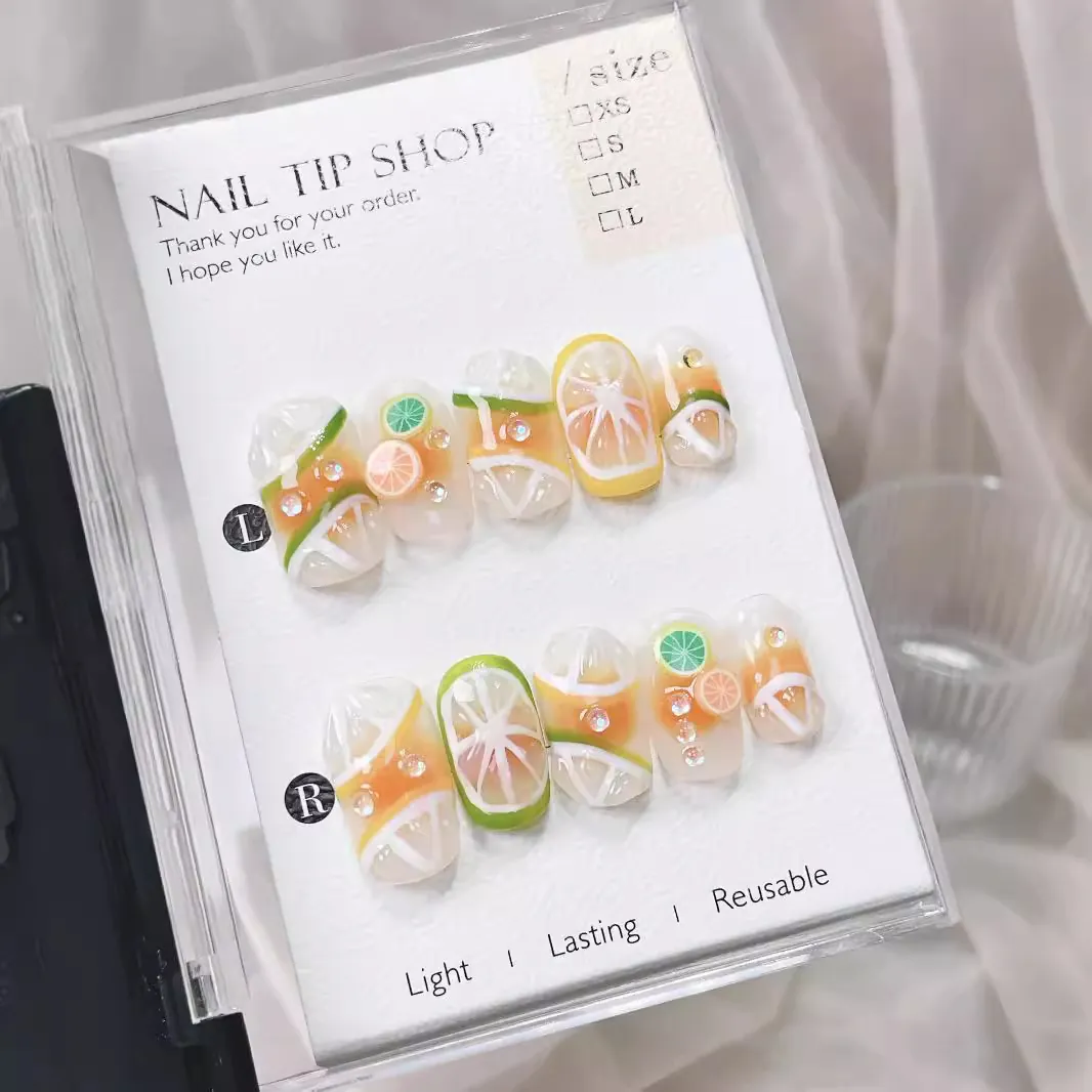 Handmade Fruit 3D Lemon Pattern Press On Nails Fresh Cute Resin False Nails With Rhinestones For Women Summer Manicure