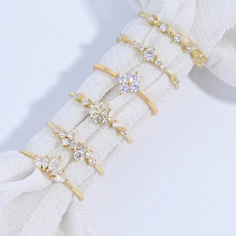 925 Sterling Silver Zircon Ring For Women 18K Gold Plated Flower Snowflake Crown Stackable Minimalist Fashion Finger Jewelry