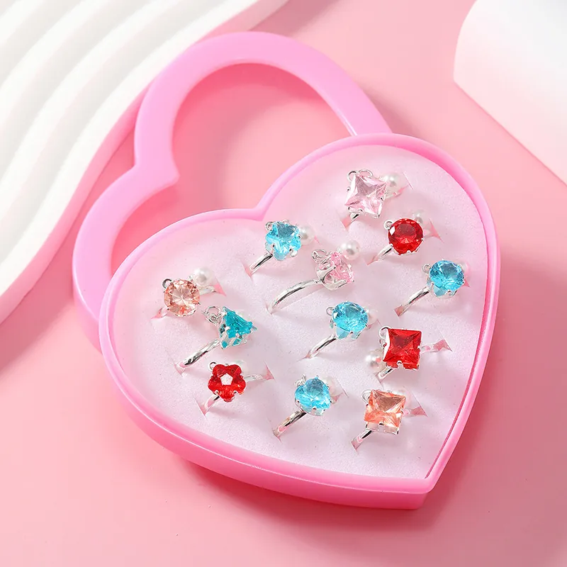 Legierung Kinder Verstellbarer Ring Mit Bunten Strass Perlenimitat Herz Box Schmuck Geschenk Für Mädchen Prinzessin Kostüm