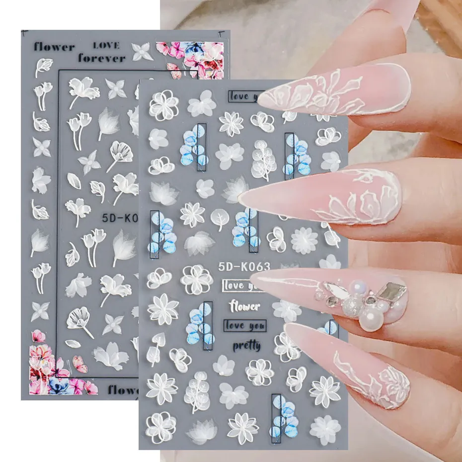 5D Embossed Nail Stickers Elegant Black White Lace Flower Butterfly Patterns Self Adhesive Manicure Decals For Women DIY