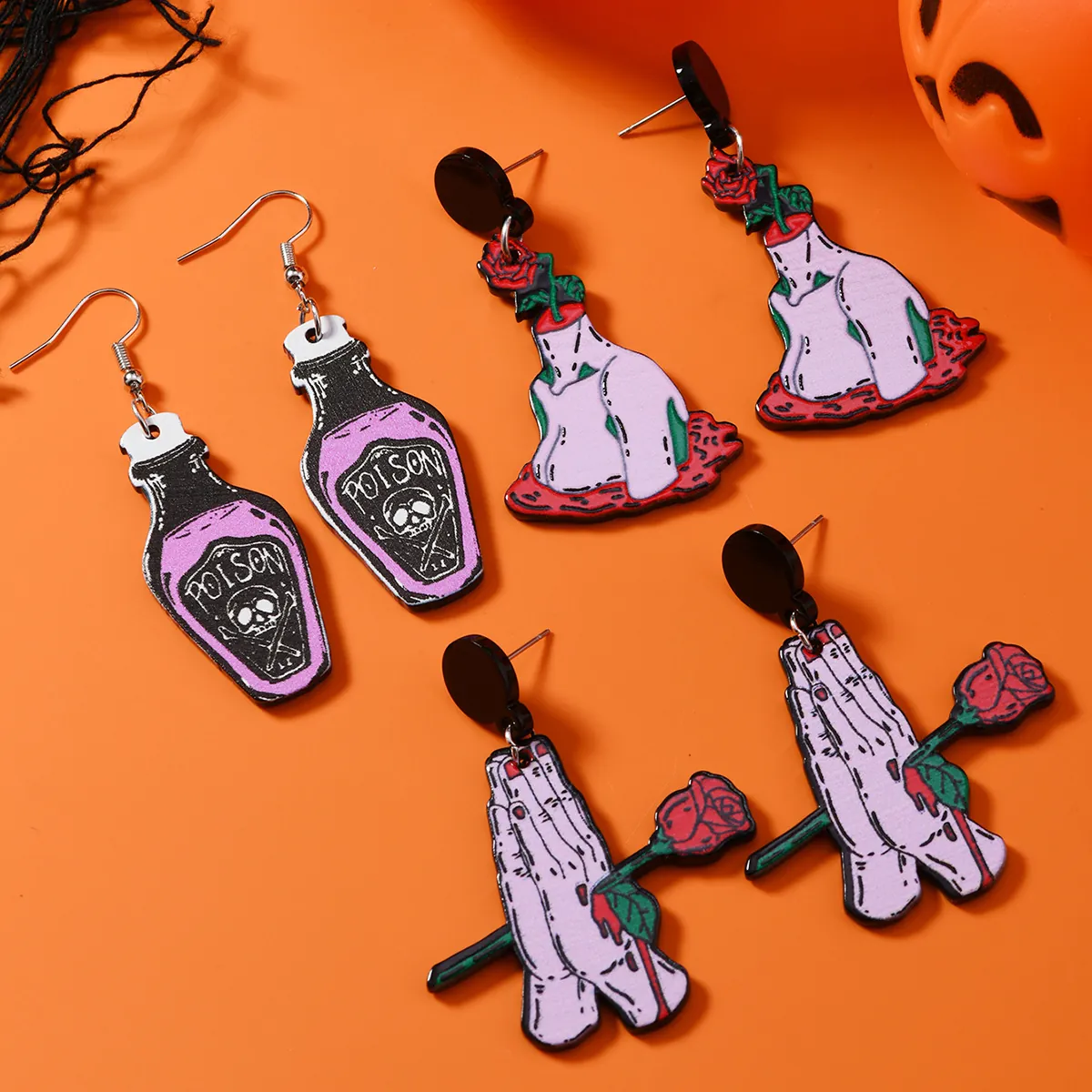 Halloween Acrylic Drop Earrings Ghost Hand Rose Poison Bottle Pattern Gothic Stud Earrings For Women Festive Party Jewelry