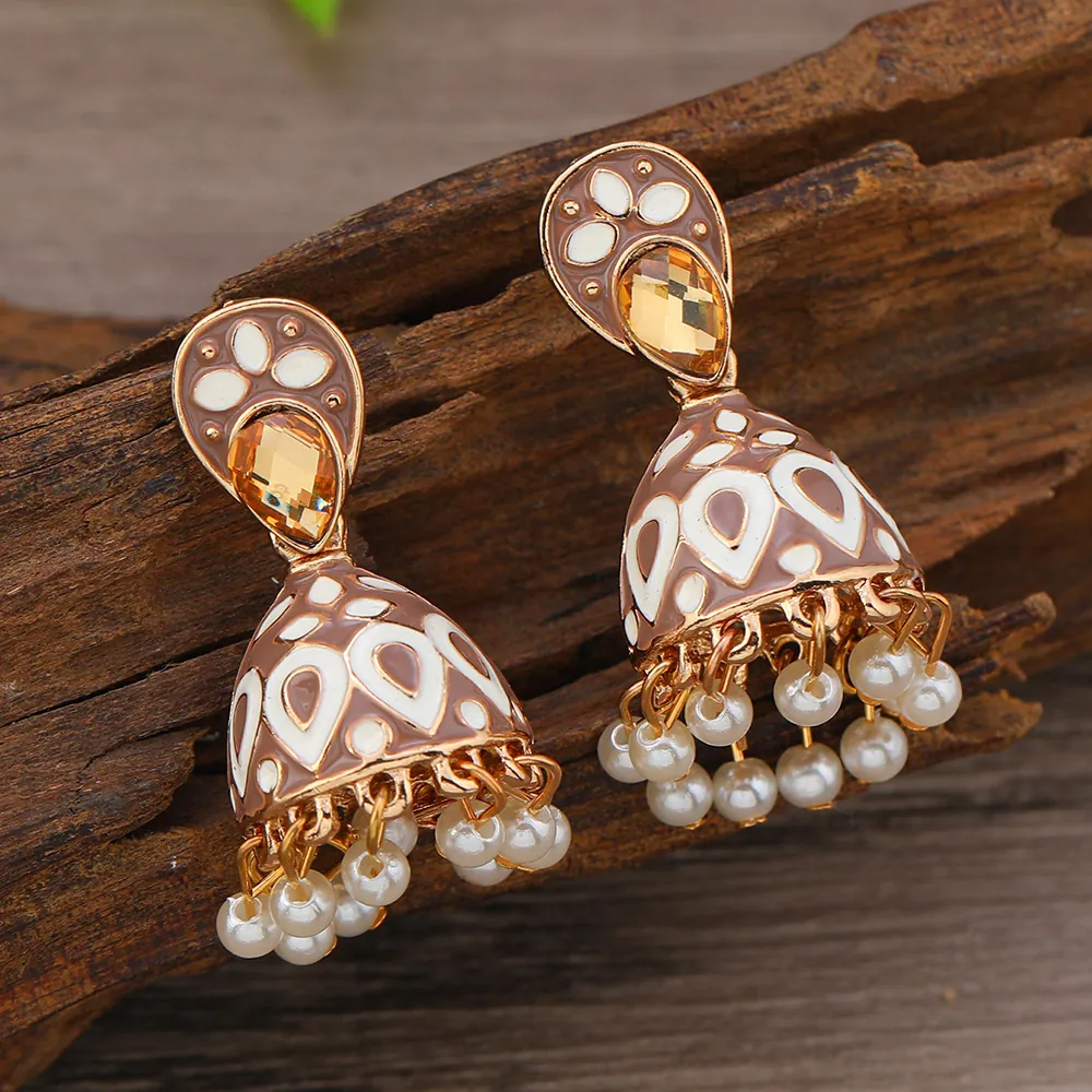 Vintage Alloy Jhumka Bell Drop Earrings With Stainless Steel Earring Post Enamel Bead Fringe Ethnic Bohemian Jewelry For Women
