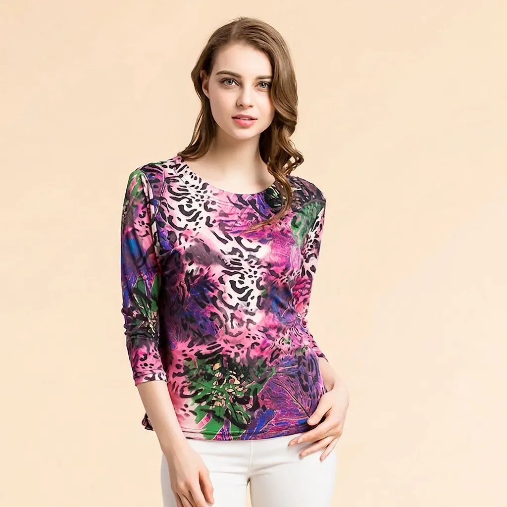 Women 100% Mulberry Silk T-Shirt Abstract Floral Print Round Neck Three Quarter Sleeve Knitted Top Elegant Casual Blouse
