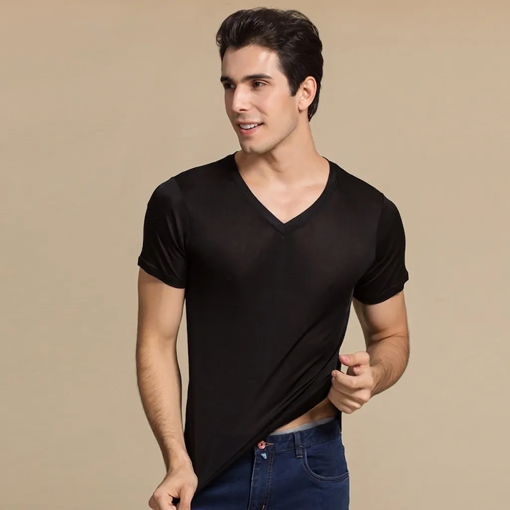 Men's Business Slim Fit Mulberry Silk Blend V-Neck Short Sleeve T-Shirt Solid Color Summer Base Layer Knitted Top