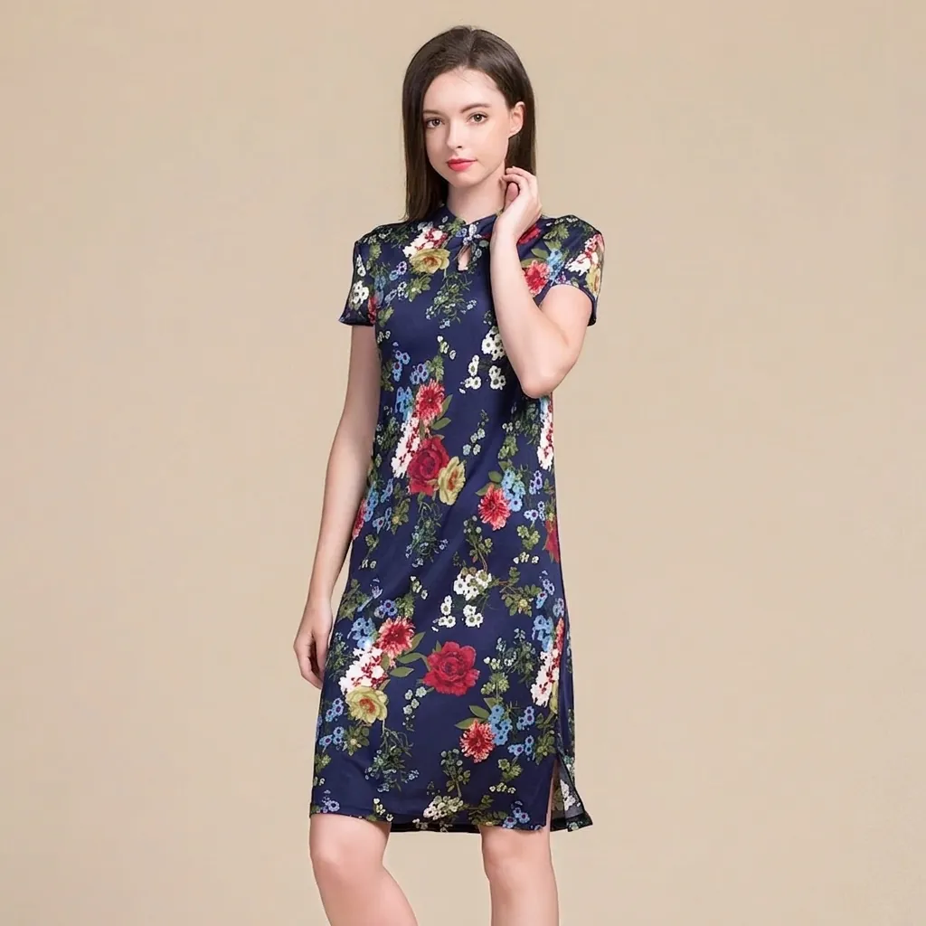 Women Vintage Silk Modified Cheongsam Dress Slim Fit Floral Houndstooth Printed Midi Qipao For Party Casual Wear