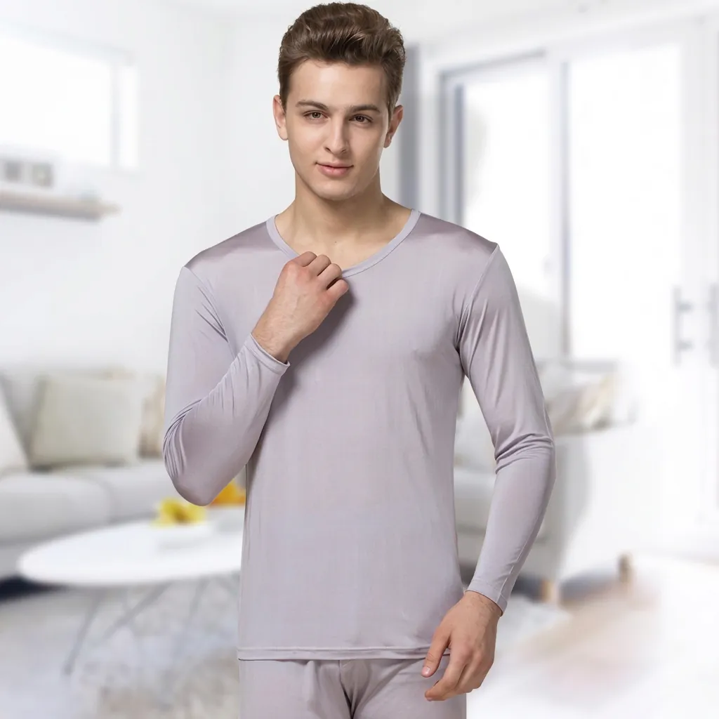 Herren 100% Maulbeerseide Thermounterwäsche Set Langarm Top Und Hose Atmungsaktive Warme Basisschicht Hautfreundlicher Dünner Pyjama