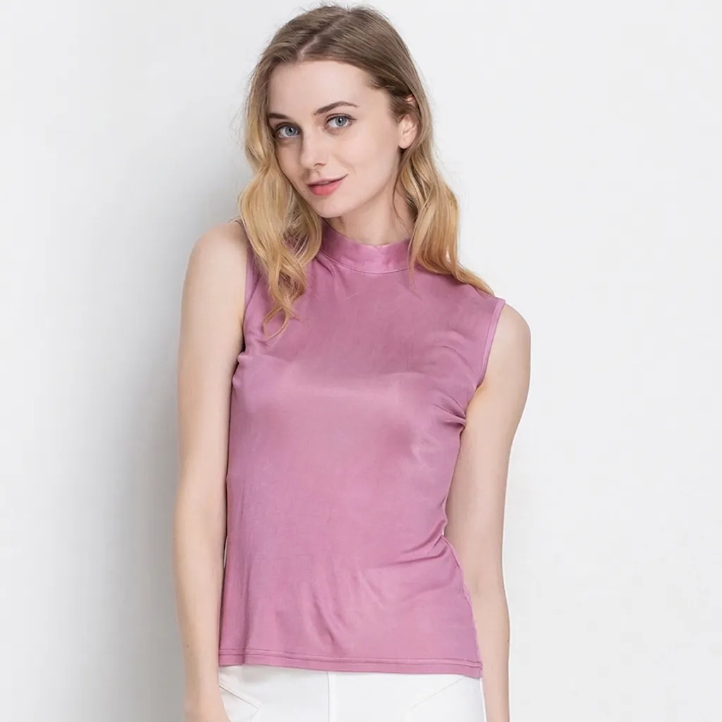 Women 100% Mulberry Silk Mock Neck Tank Top Sleeveless Slim Fit Solid Color Elegant Office Commuter Silk Shirt Top