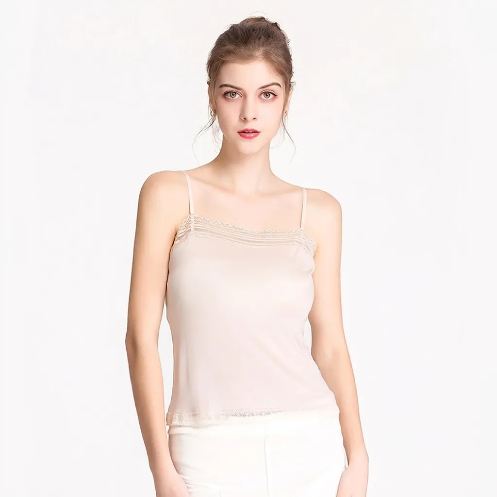Women Mulberry Silk Lace Trim Camisole Elegant Knit Spaghetti Strap Tank Top V-Neck Inner Wear Silk Blend Base Layer Shirt