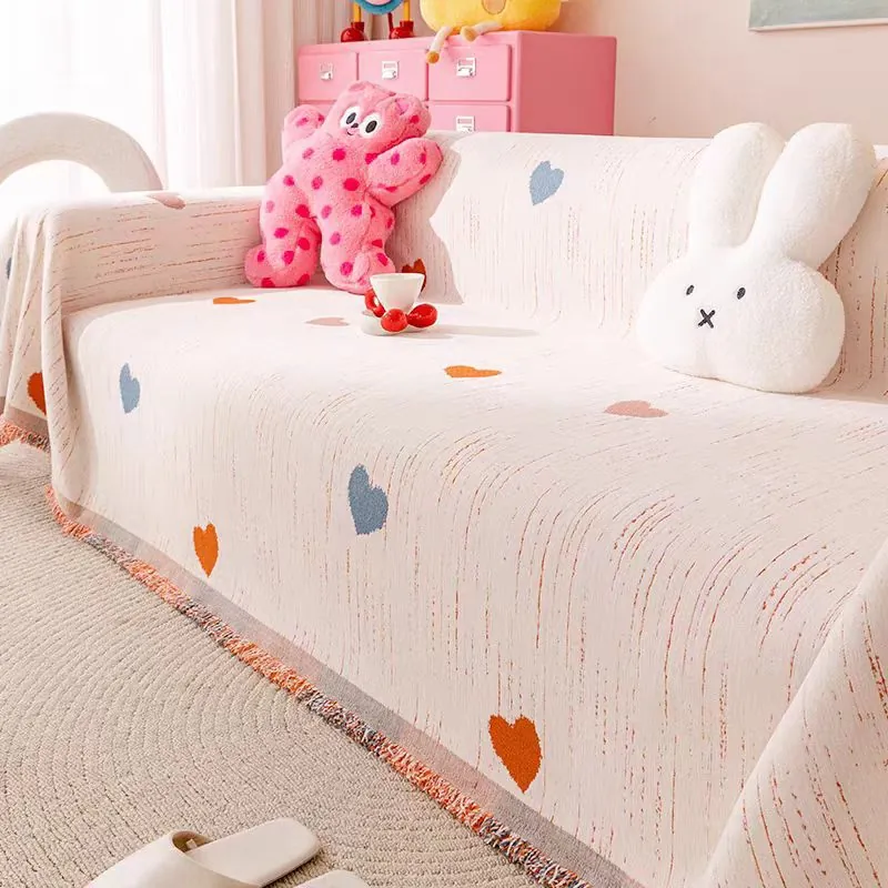 Chenille Sofa Towel Heart Pattern Throw Blanket With Tassels Soft Non-Slip All-Inclusive Dustproof Sofa Cover For Living Room