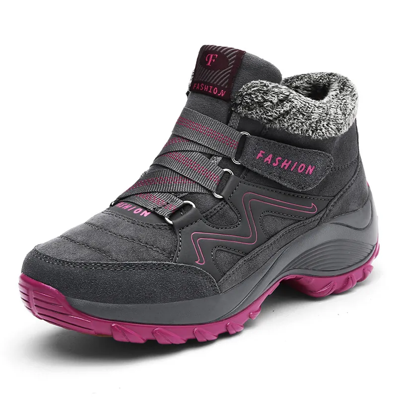 Women Winter Snow Boots Fleece Lined Warm Faux Fur Ankle Boots Synthetic Leather Anti-slip Hook and Loop Walking Shoes