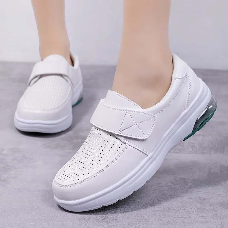 Women Microfiber Leather Nurse Shoes Breathable Perforated Air Cushion Professional Walking Shoes Hook And Loop Wedge Casual Shoes