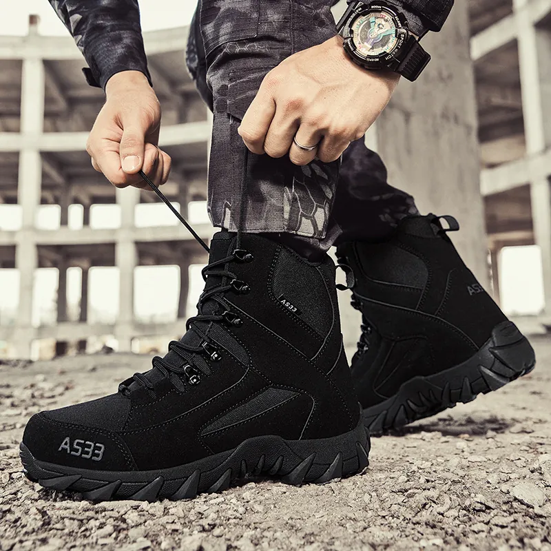 Men Tactical Boots Mid Top Outdoor Hiking Shoes Breathable Desert Combat Boots Anti Slip Rubber Sole Work Safety Boots