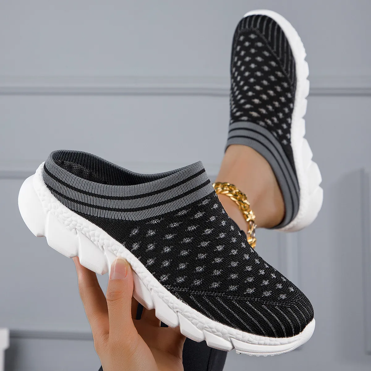 Damen Atmungsaktive Fly-Knit Mule Sneakers Leichte Casual Sport Slip-On Hausschuhe Für Den Täglichen Komfort Im Freien Schuhe