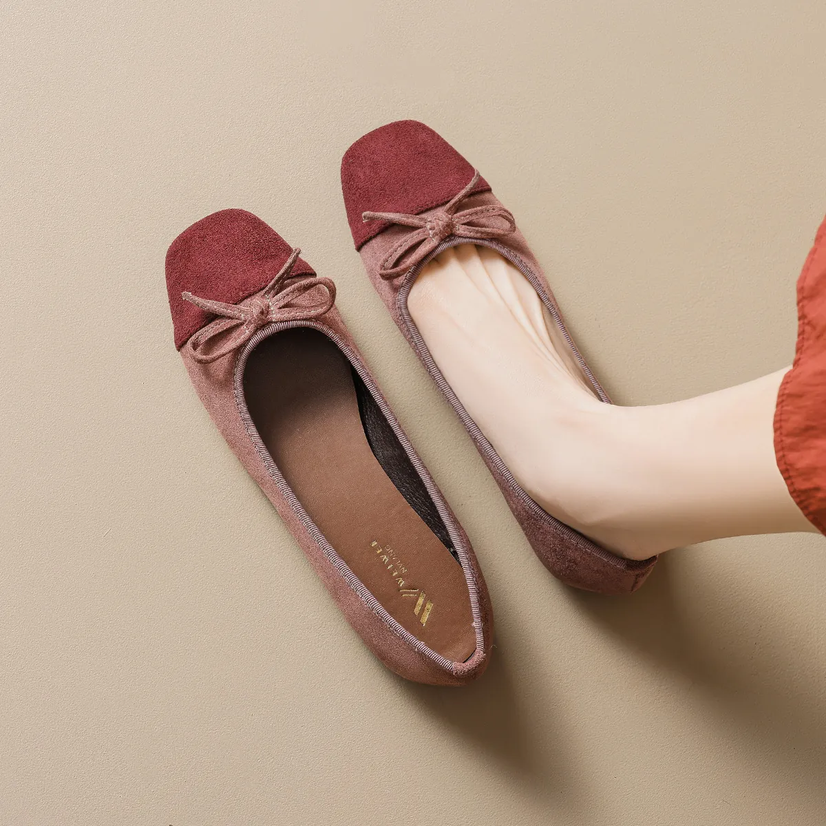 Women's Elegant Two-Tone Ballet Flats Suede Square Toe Bow Shallow Mouth Casual Slip On Comfort Office Dress Flat Shoes