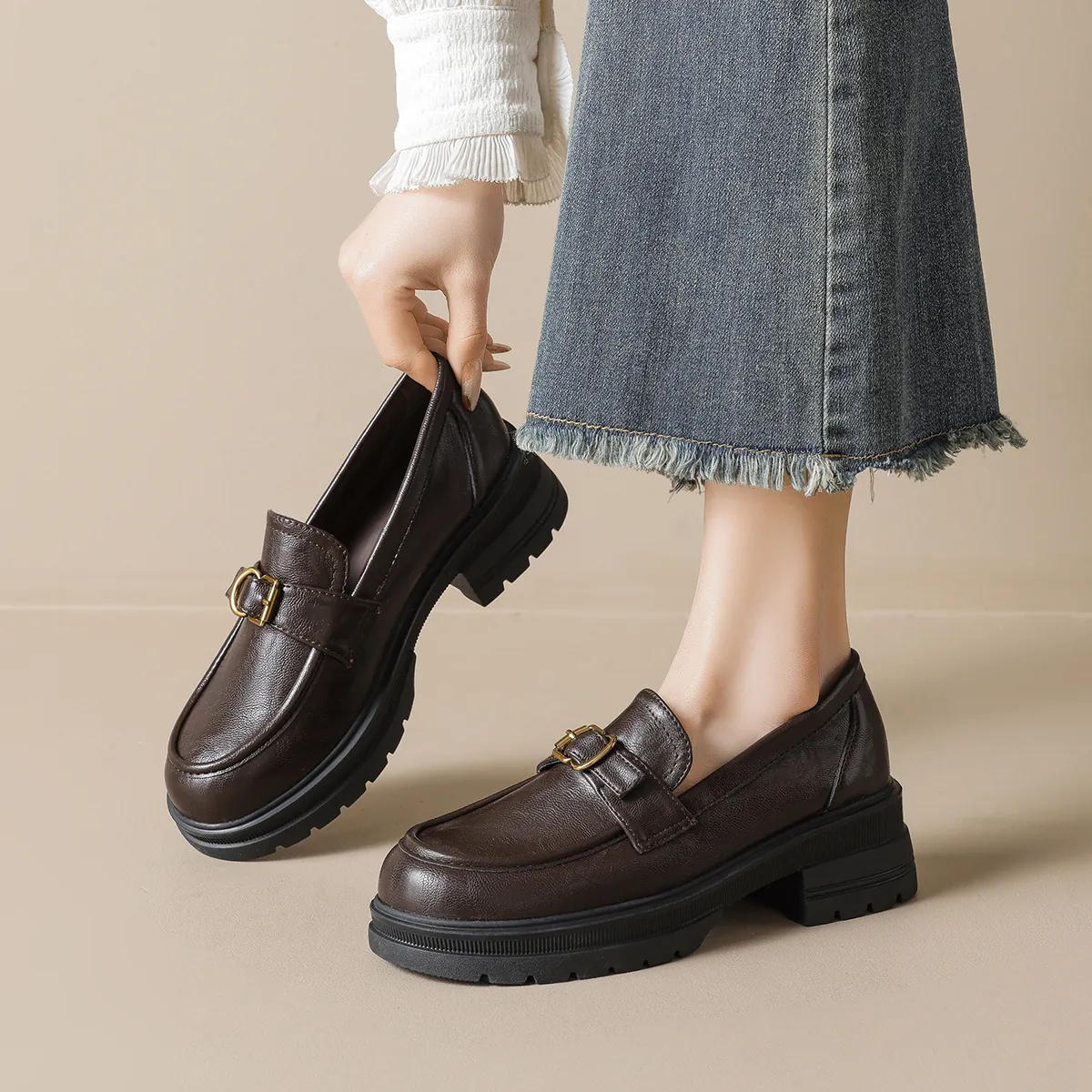 Women Retro Platform Loafers With Metal Buckle Round Toe British Preppy Style Microfiber Leather Chunky Heel Casual Dress Shoes