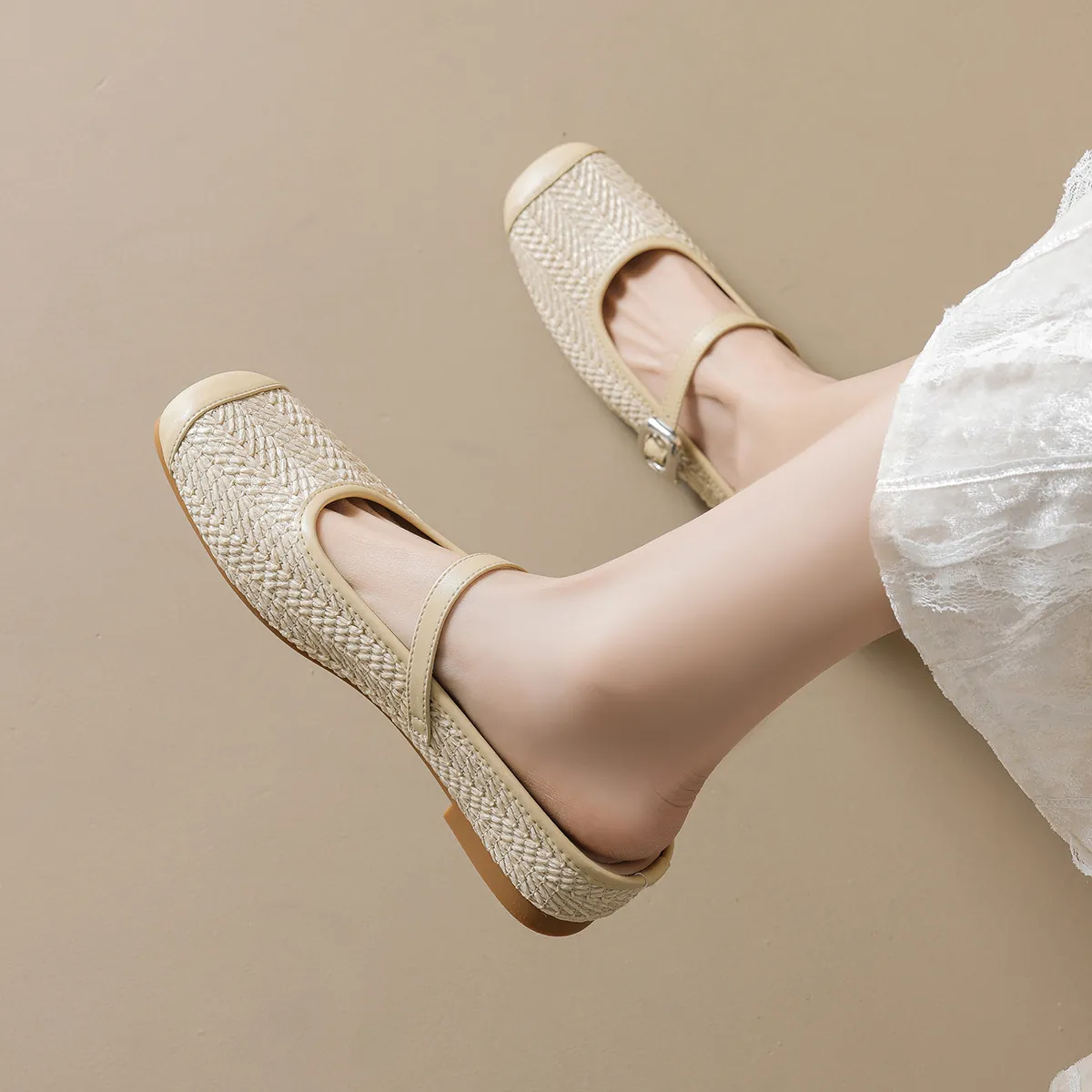 Women Vintage Woven Mary Jane Mule Slippers Square Toe Microfiber Buckle Strap Backless Flat Shoes For Casual Daily