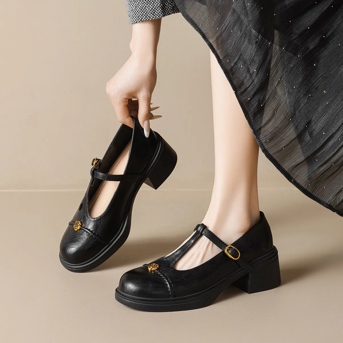 Zapatos Mary Jane Retro Francés para Mujer Camelia Correa en T Cuero Microfibra Tacón Grueso Antideslizante Salones Oficina