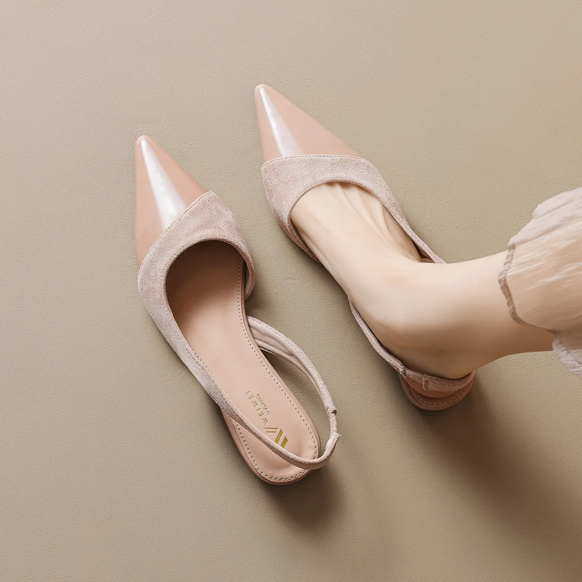 Women Pointed Toe Slingback Flats Patchwork Patent Leather Microfiber Elegant Casual French Style Dress Shoes For Office Party
