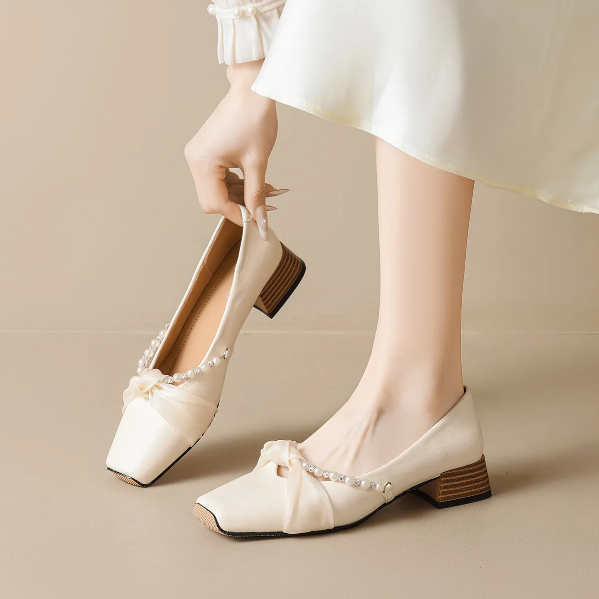 French Style Square Toe Mary Jane Shoes Women Low Block Heel Pumps Satin Bow Pearl Rhinestone Elegant Vintage Dress Shoes