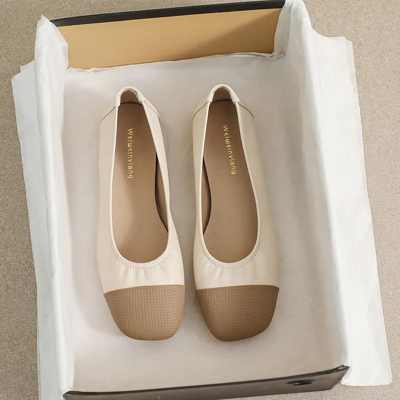 Women's Square Toe Ballet Flats Contrast Patchwork Color Microfiber Leather Soft Sole Casual Slip On Low Heel Breathable Office Shoes