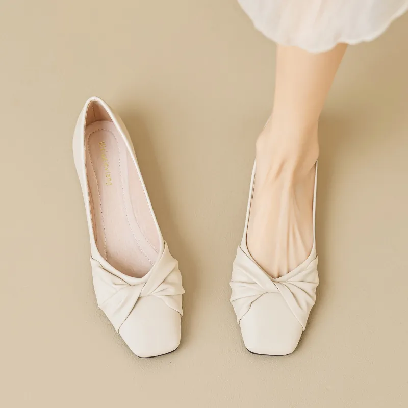 Women's Square Toe Flat Shoes Knotted Microfiber Leather Loafers Soft Sole Slip On Commuter Ballet Flats Casual Office Walking Shoes