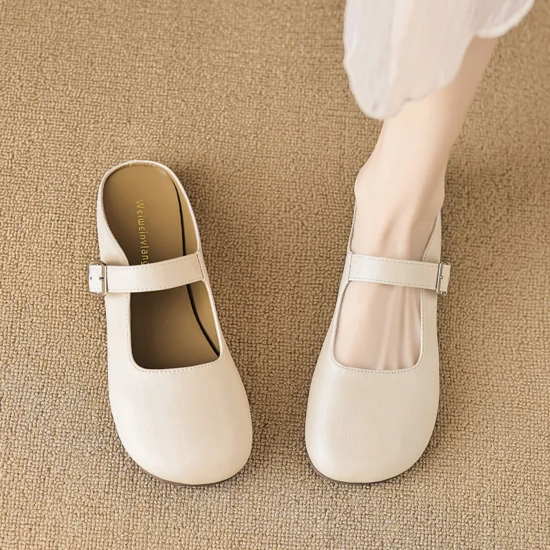Damen Vintage Mary Jane Mules Flache Halbpantoffeln Runde Zehe Schnalle Mikrofaserleder Atmungsaktive Freizeitschuhe