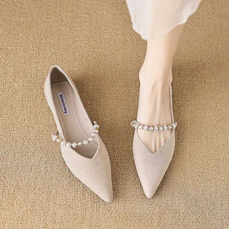 French Style Pointed Toe Flat Shoes For Women Elegant Pearl Beaded Satin Doudou Shoes Casual Shallow Mouth Slip On Single Shoes