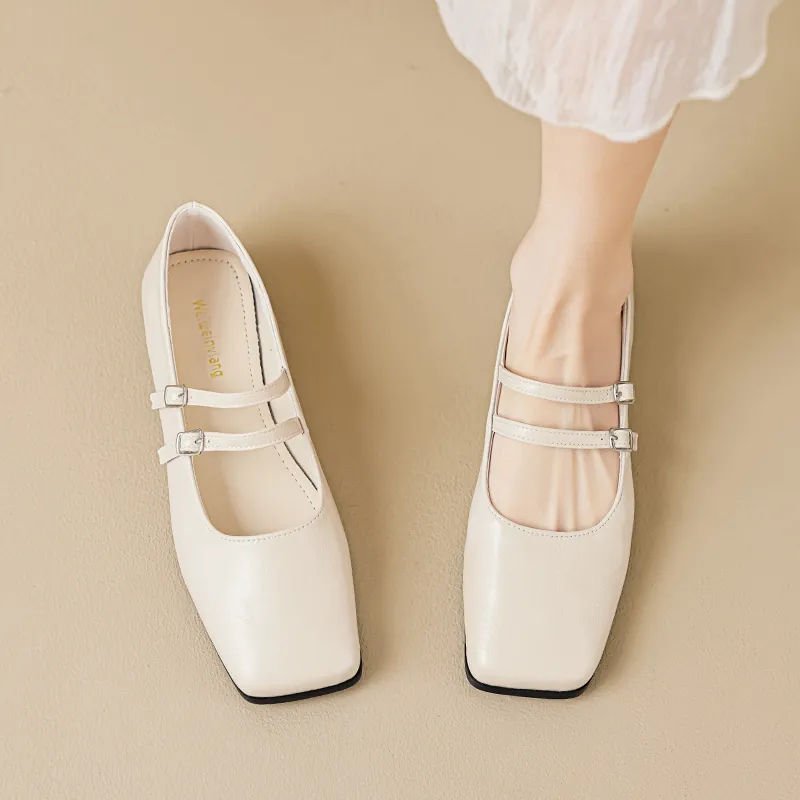 Damen Vintage Mary Jane Ballerinas Eckige Zehenpartie Doppelriemen Mikrofaser Leder Retro Hepburn Stil Flache Schuhe Für Frauen