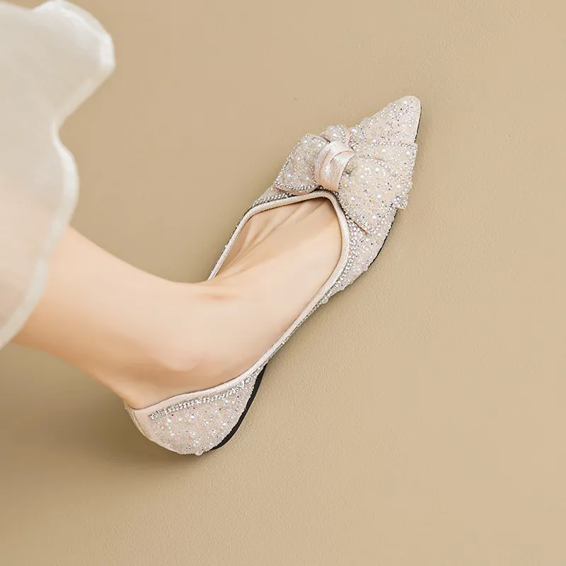 Damen Elegante Strass Perle Schleife Flache Schuhe Spitz Eckig Zehenpartie Champagner Glitzer Ballettflats Hochzeit Party Schuhe