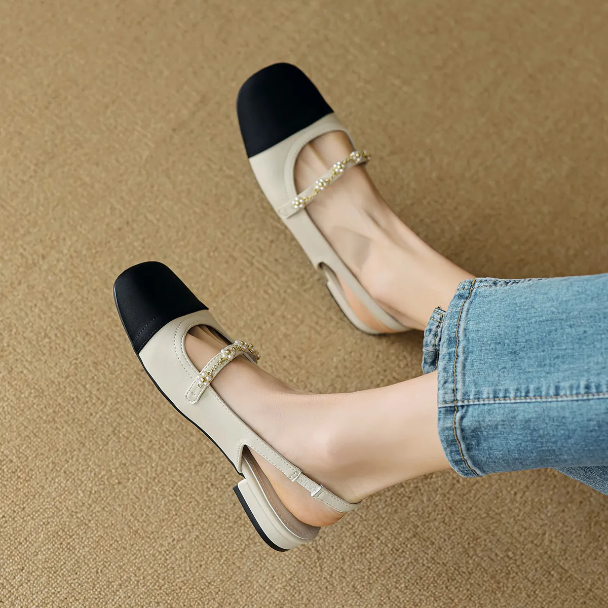 Women's Mary Jane Flat Shoes Slingback Sandals With Artificial Pearl Decor Contrast Color Elegant Retro French Style Office Shoes