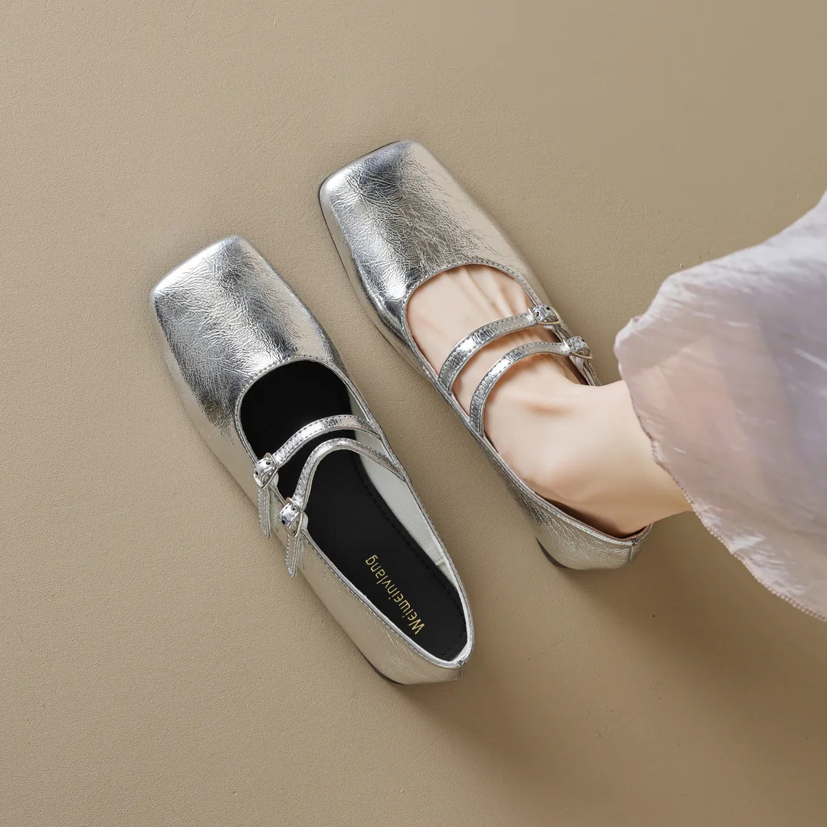 Damen Mary Jane Flache Schuhe Retro Eckige Zehenpartie Doppelte Riemen Schnalle Mikrofaserleder Ballett-Flats Für Alltag Büro Damen Komfortable Weiche Sohle Schuhe