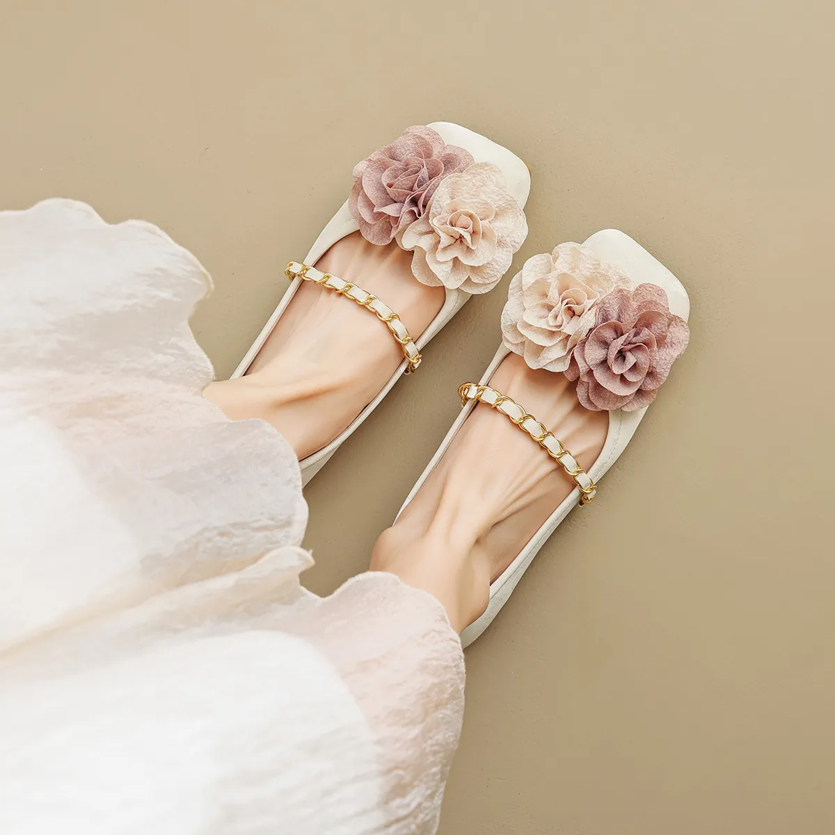 Women French Fairy Style Square Toe Flat Shoes 3D Fabric Flower Gold Chain Strap Microfiber Mary Jane Ballet Flats