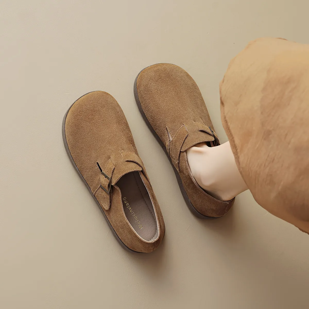 Damen Retro Wildleder Schnalle Clogs Dicke Sohle Slip-On Lässige Loafer Komfortable Wanderschuhe Für Den Täglichen Gebrauch