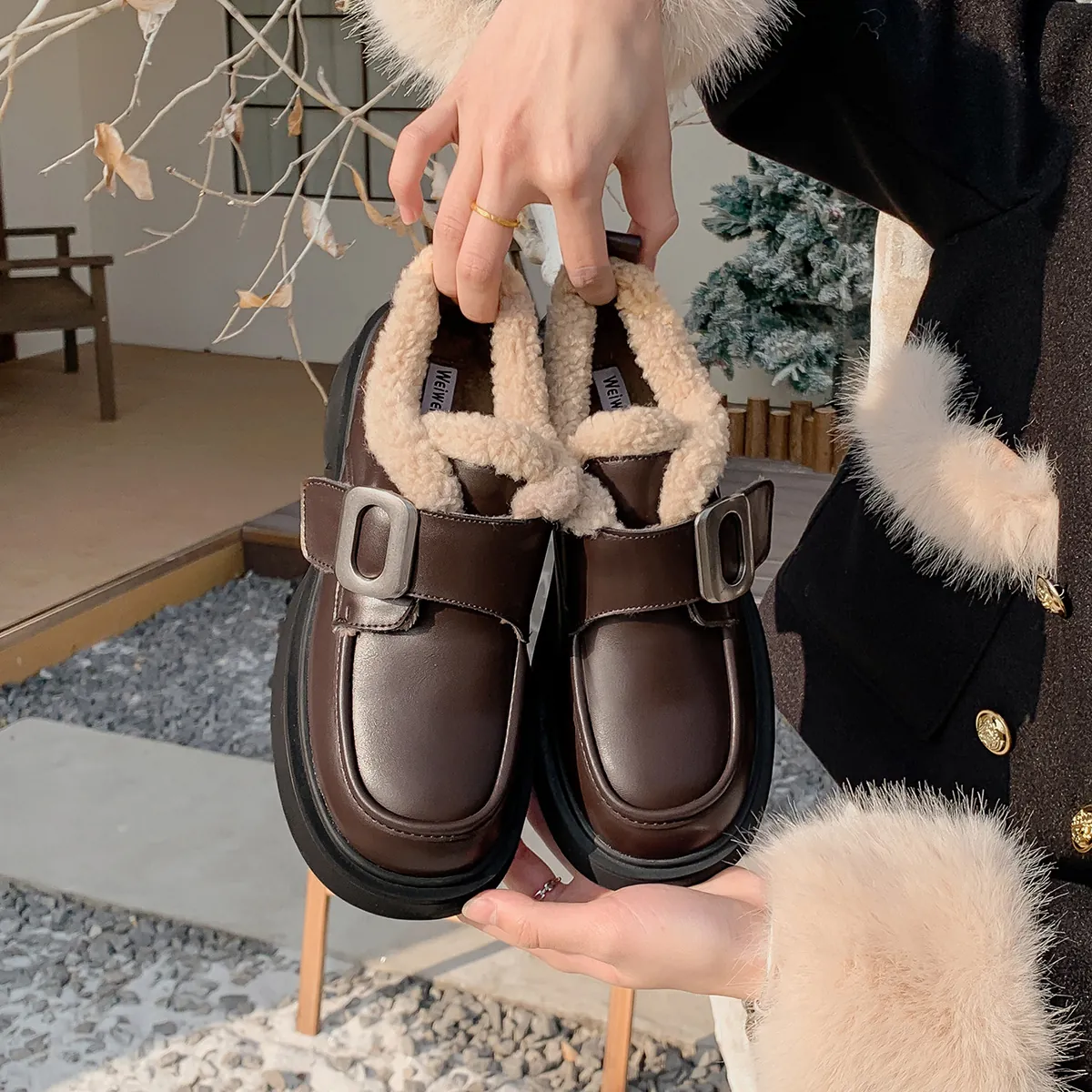 Mocasines con Plataforma Vintage Estilo Británico para Mujer Forrados de Piel Sintética Zapatos de Invierno Cálidos Cuero de Microfibra Hebilla de Metal Calzado Casual