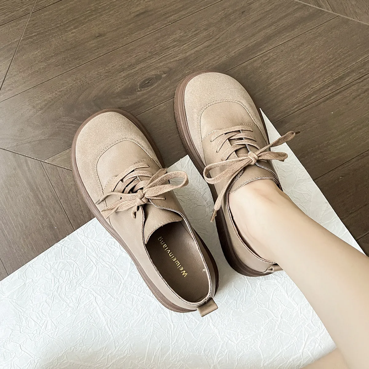Women's Retro Microfiber Leather Loafers Round Toe Thick Sole Block Heel Lace Up British Style Casual Office Oxford Shoes