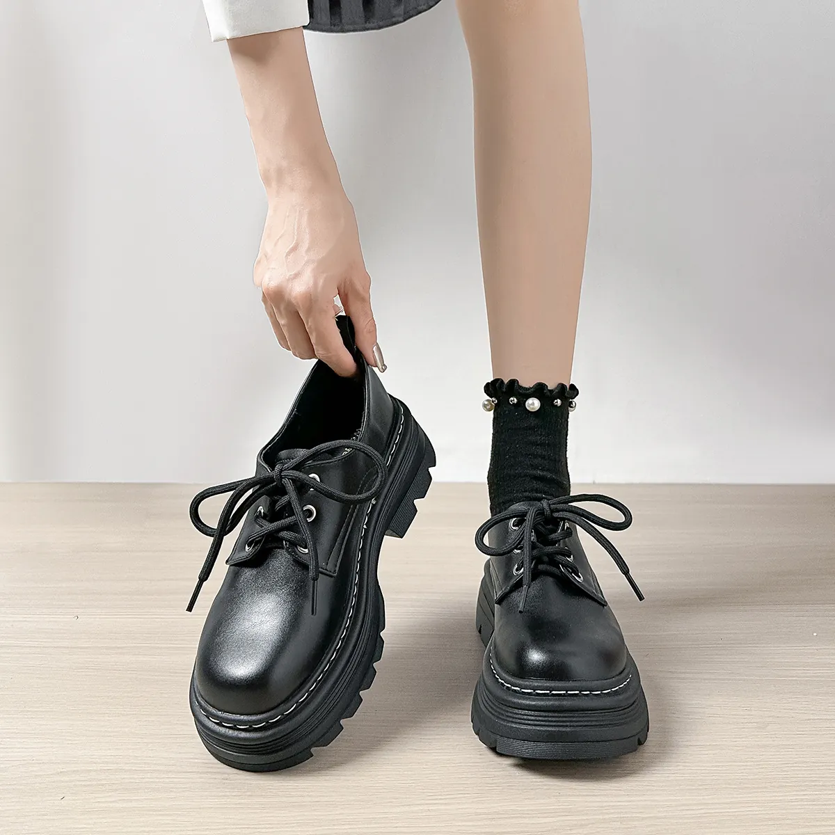 Mocasines con Plataforma de Estilo Británico para Mujer de Cuero de Microfibra con Cordones Tacón Grueso Zapatos Casuales Vintage