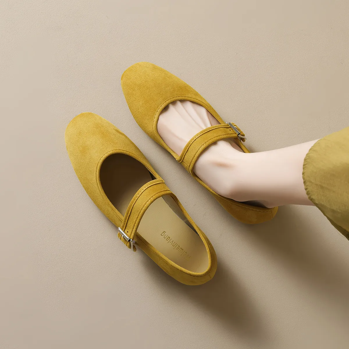 Ballerines Mary Jane en Suède pour Femmes Vintage Français Bout Rond Bride à Boucle Semelle Souple Chaussures Décontractées