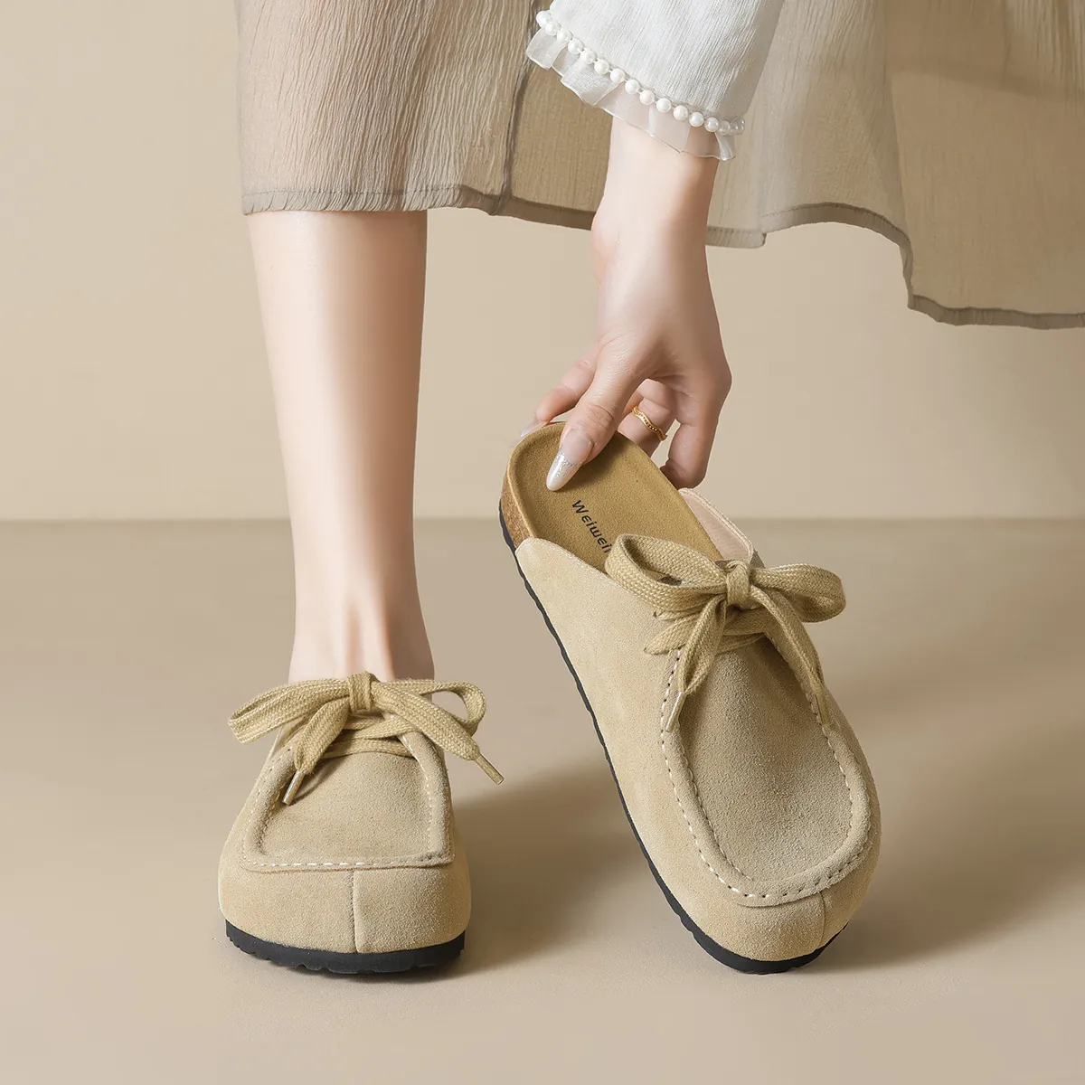 Damen Retro Spaltleder Mules Lässig Runde Zehe Kork Zwischensohle Slip On Schleife Clogs Bequeme Hausschuhe Schuhe