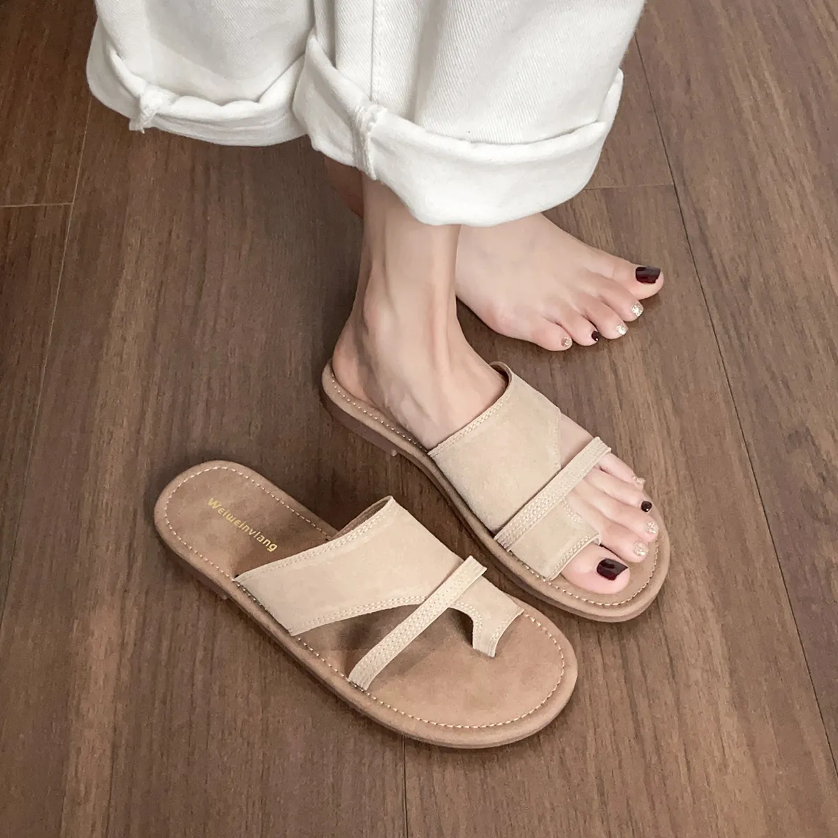 Women Casual Genuine Leather Flat Thong Sandals Cross Strap Toe Ring Summer Beach Slides Comfortable Slipper Shoes