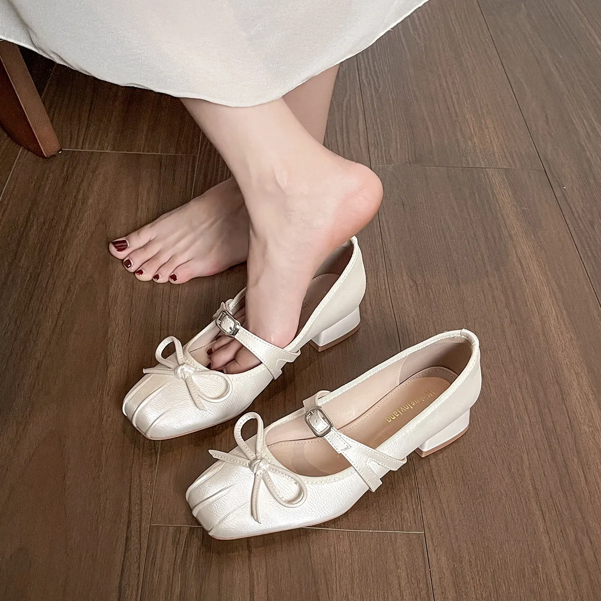 Women's French Vintage Square Toe Mary Jane Shoes With Bow Chunky Heel Microfiber Leather Ankle Strap Elegant Dress Pumps