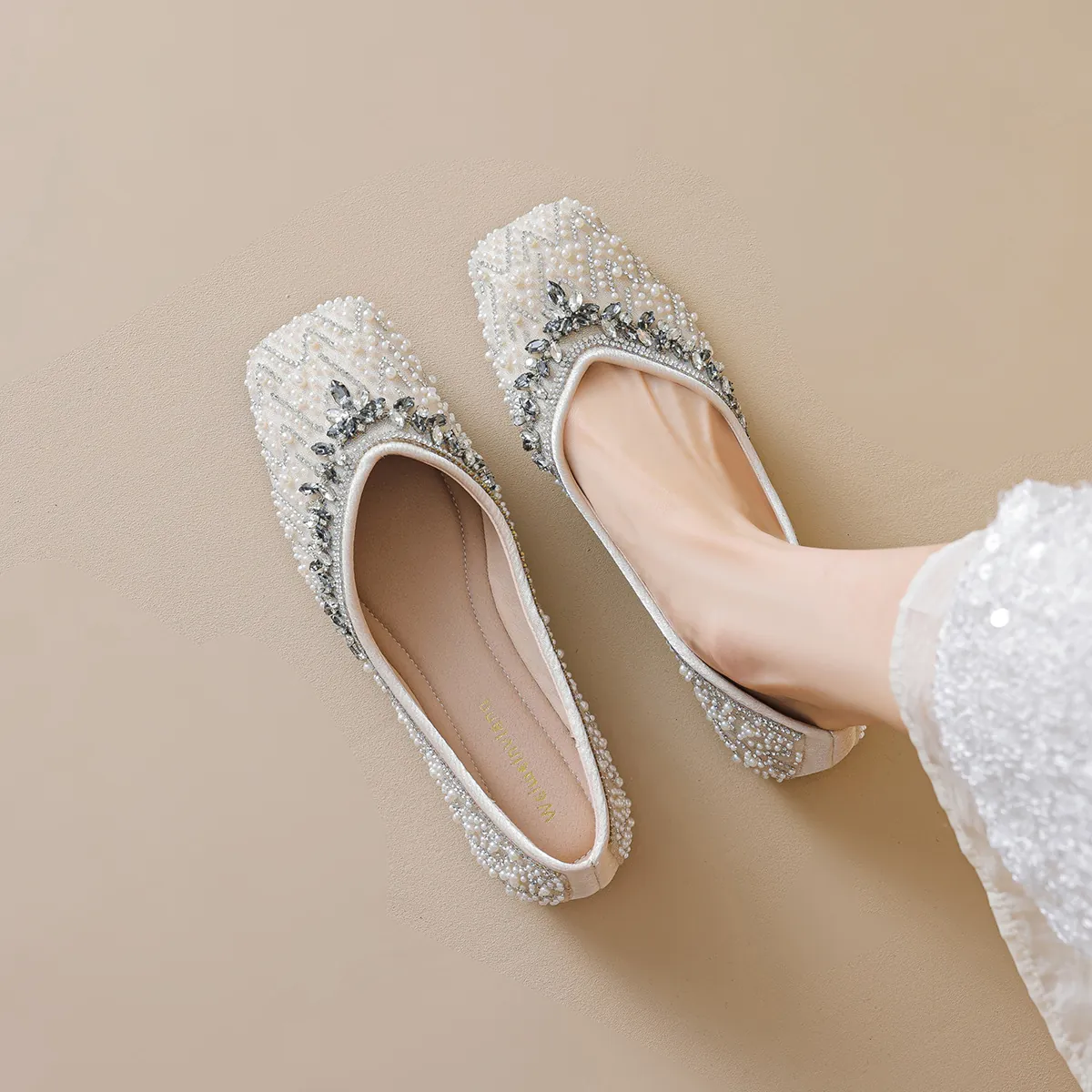 Ballerines Élégantes pour Femmes avec Künstliche Perles et Strass Bout Carré et Pointu Souples à Enfiler Chaussures de Mariage et Fête