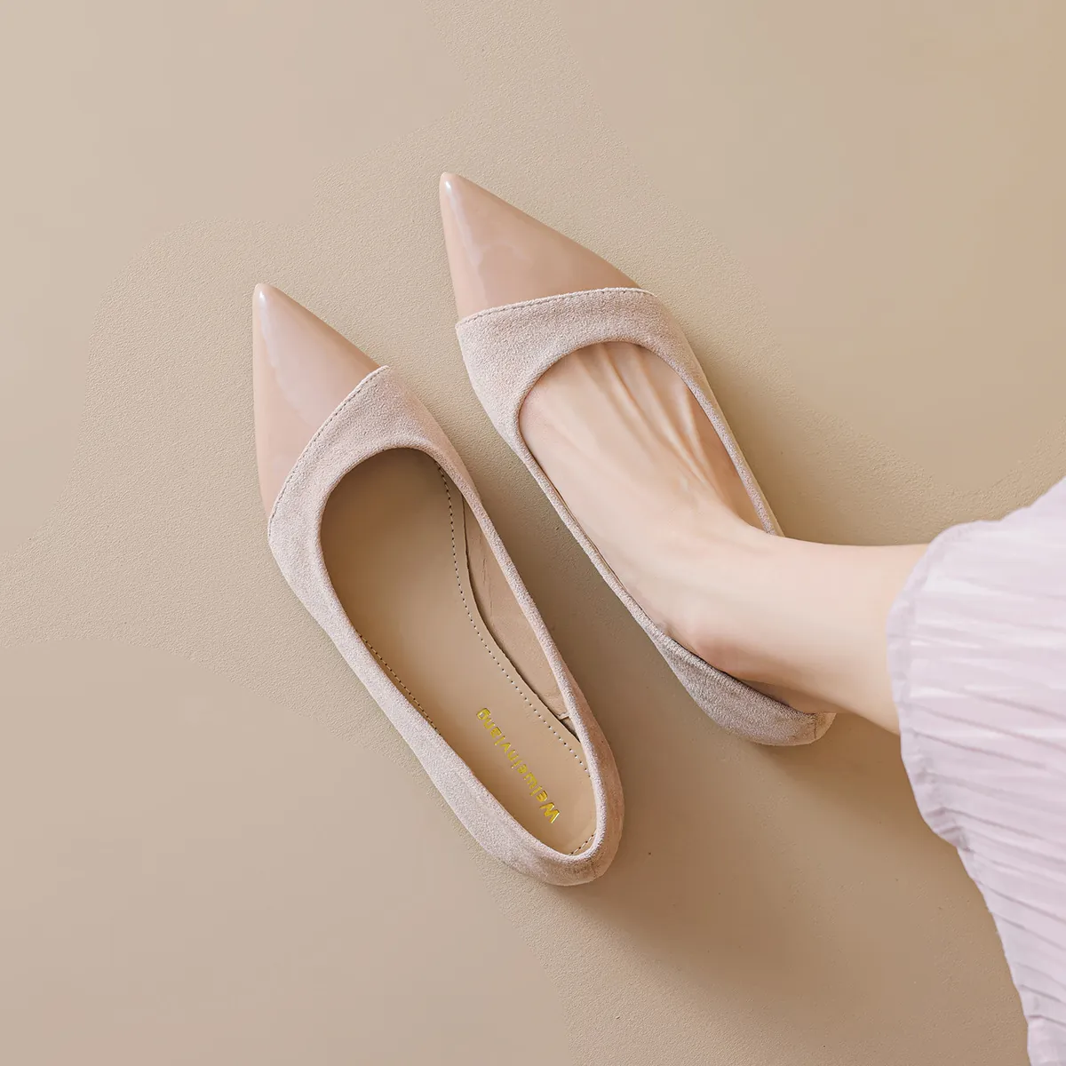 French Elegant Women Pointed Toe Flat Shoes Microfiber Leather Patchwork Ballet Flats Comfortable Daily Slip On Footwear