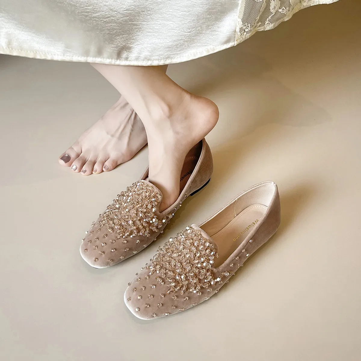 Luxury Rhinestone Suede Flat Loafers For Women French Style Crystal Beaded Slip On Ballet Flats Elegant Suede Party Dress Shoes