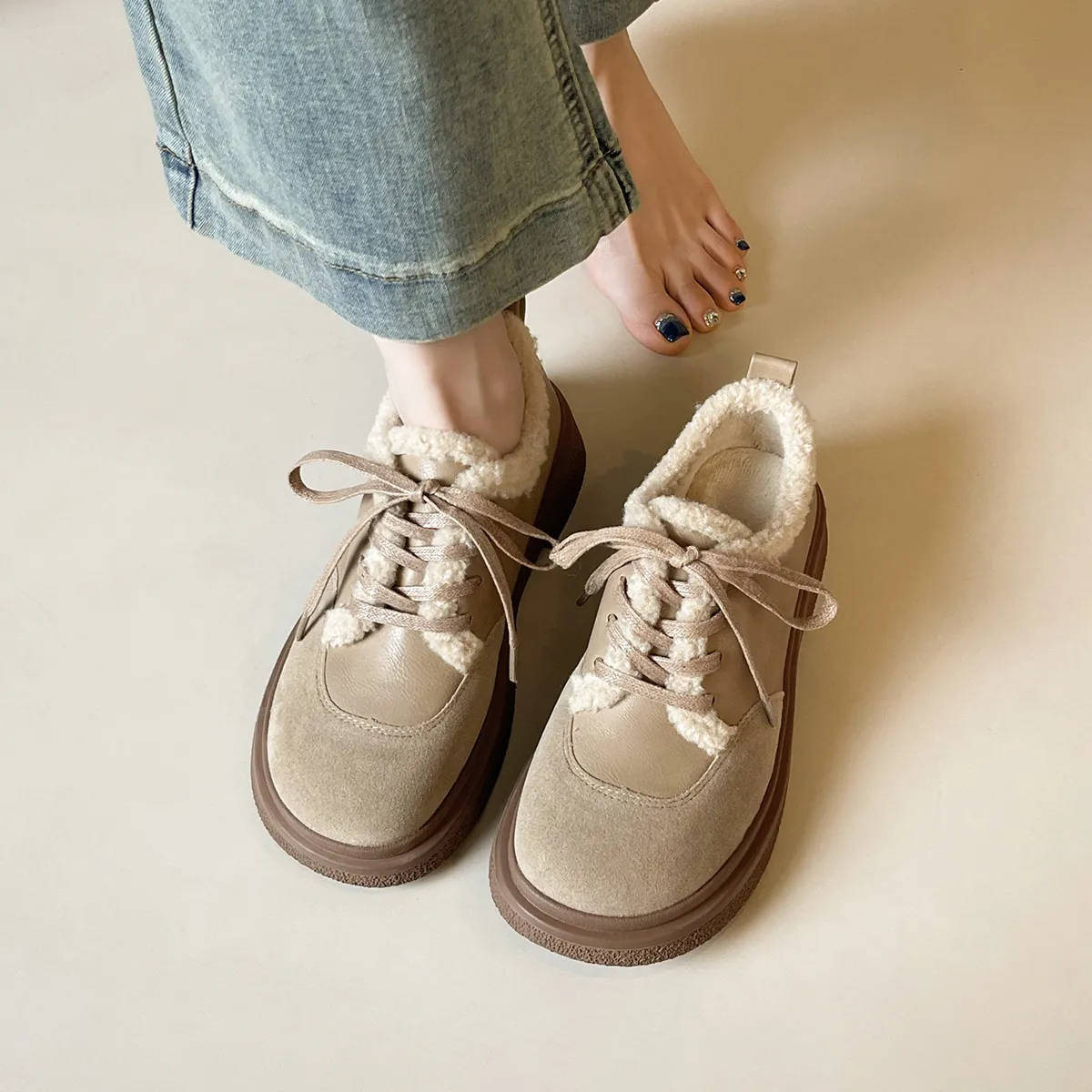 Women's Retro Thick Heel Winter Warm Cotton Shoes Faux Suede Plush Lining Lace Up Platform Casual Shoes For Cold Weather