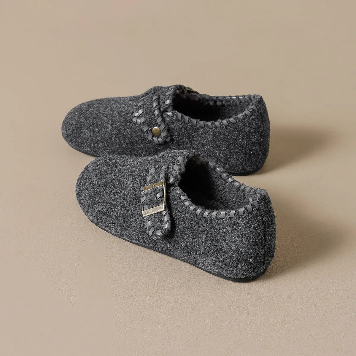 Damen Retro Birkenstock Stil Clogs Wollfilz Webpelz Gefüttert Warm Schnalle Geflochtene Kante Plateau Winterschuhe