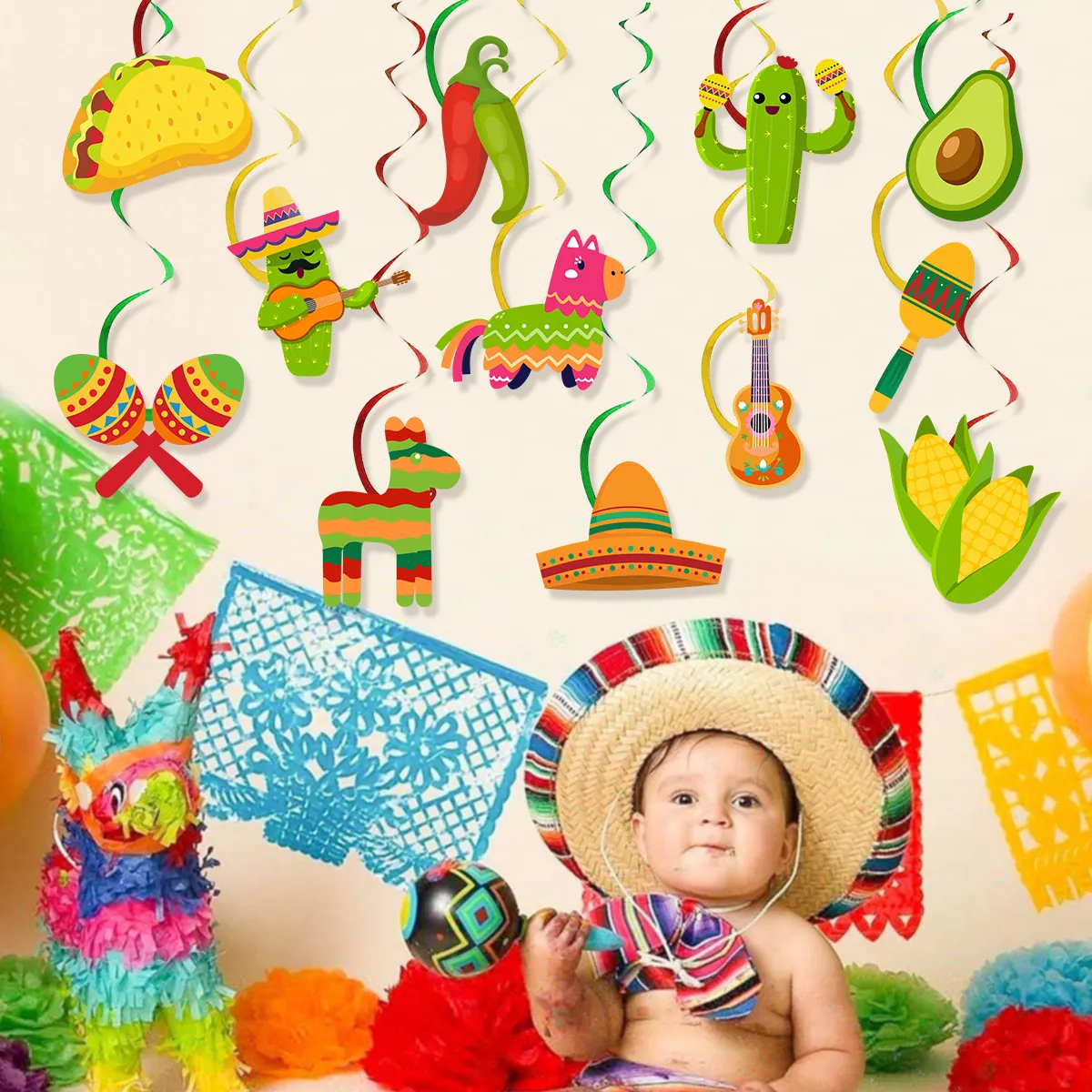 Mexican Fiesta Theme Party Indoor Decoration Hanging Swirls Paper Taco Cactus Chili Pinata Shape Hanging Ornaments For Carnival Celebration