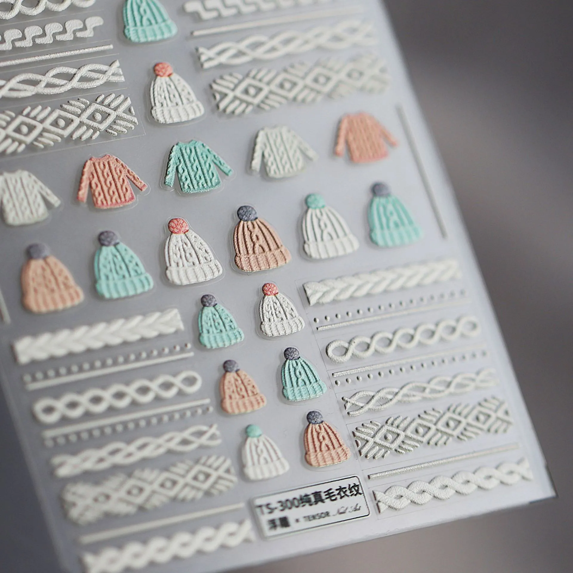 5D Embossed Nail Art Stickers Sweater Knitting Pattern 3D Relief Manicure Decals DIY Winter Theme Women Beauty Accessory