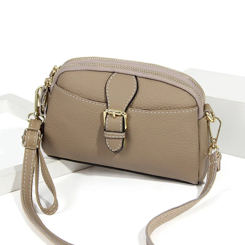Damen Echtleder Der Ersten Schicht Umhängetasche Große Kapazität Litschimuster Schultertasche Mehrere Reißverschlüsse Tasche